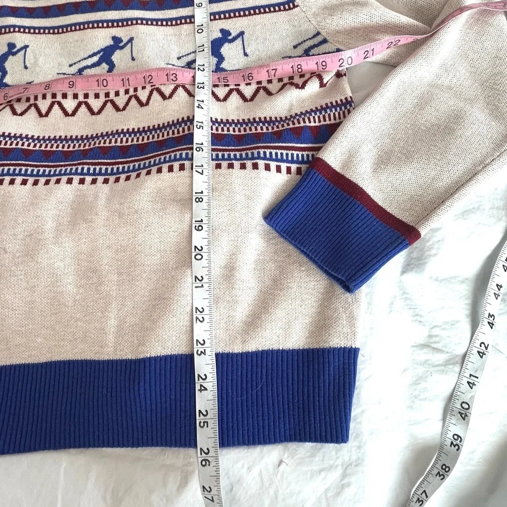 Kavu Hillrose Women's White and Blue Retro Ski Patterned Sweater XL NWT